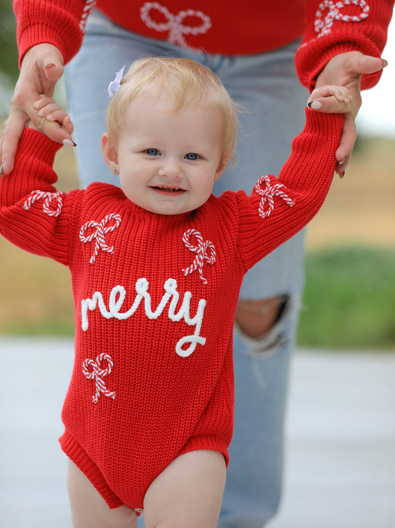 Christmas Candy Cane Merry Knit Baby Romper - 1
