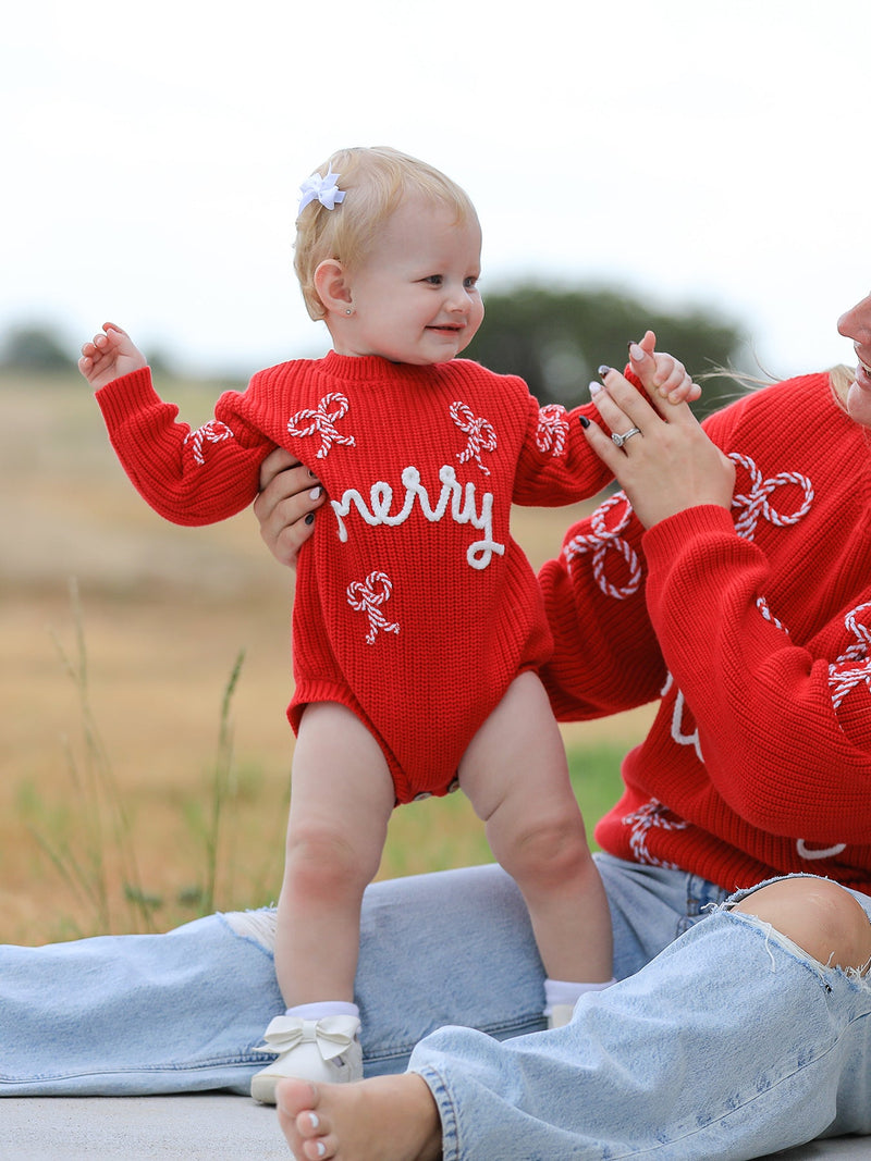 Christmas Candy Cane Merry Knit Baby Romper - 2