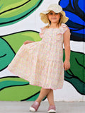 Spring Floral Girls Ruffle Dress With Bow Straw Hat Set - 2