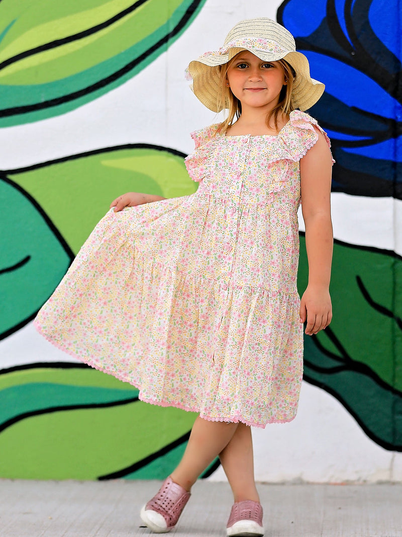 Spring Floral Girls Ruffle Dress With Bow Straw Hat Set - 2