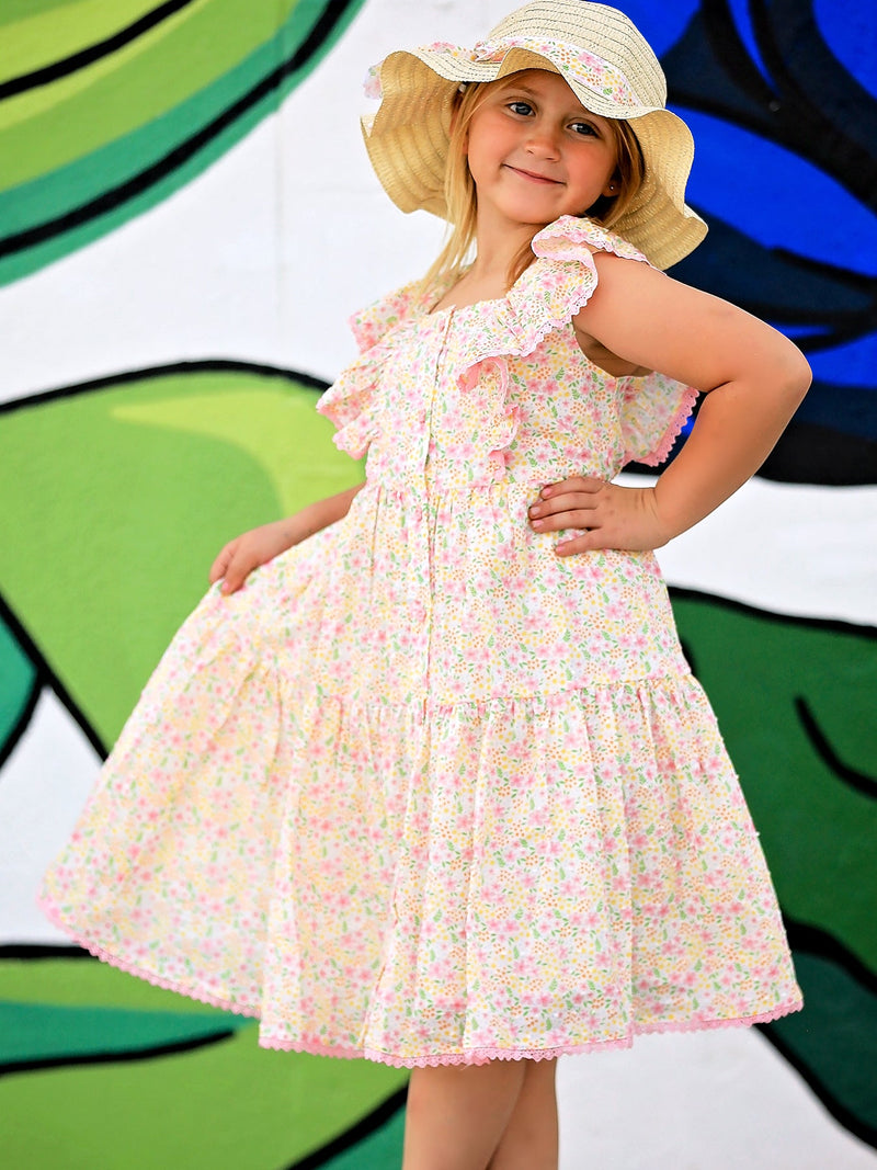 Spring Floral Girls Ruffle Dress With Bow Straw Hat Set - 1
