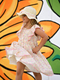 Spring Floral Girls Ruffle Dress With Bow Straw Hat Set - 5