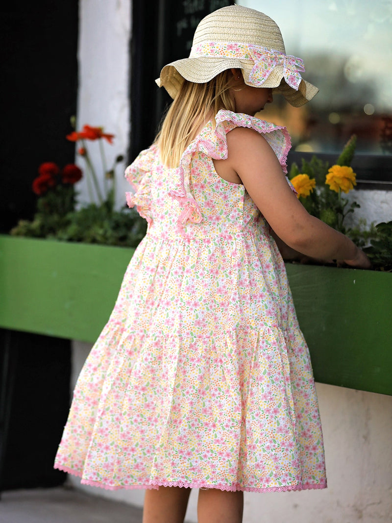 Spring Floral Girls Ruffle Dress With Bow Straw Hat Set - 4