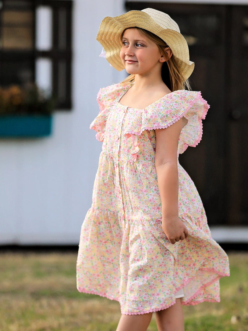 Spring Floral Girls Ruffle Dress With Bow Straw Hat Set - 3