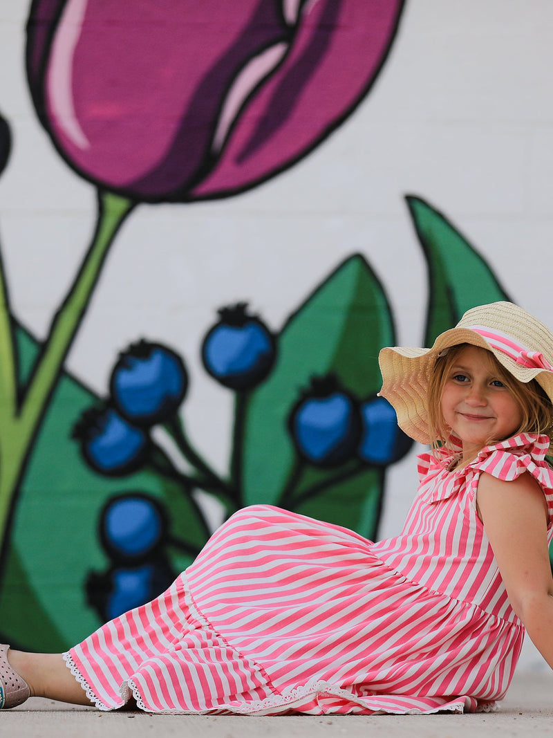 Spring  Pink Striped Ruffled Girls' Dress with Hat - 5