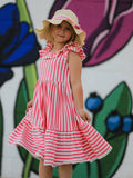 Spring  Pink Striped Ruffled Girls' Dress with Hat - 4
