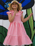 Spring  Pink Striped Ruffled Girls' Dress with Hat - 2