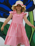 Spring  Pink Striped Ruffled Girls' Dress with Hat - 3