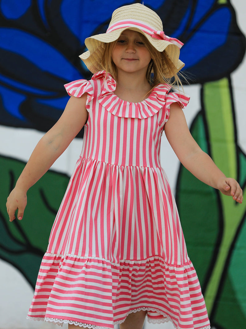 Spring  Pink Striped Ruffled Girls' Dress with Hat - 3