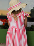 Spring  Pink Striped Ruffled Girls' Dress with Hat - 6