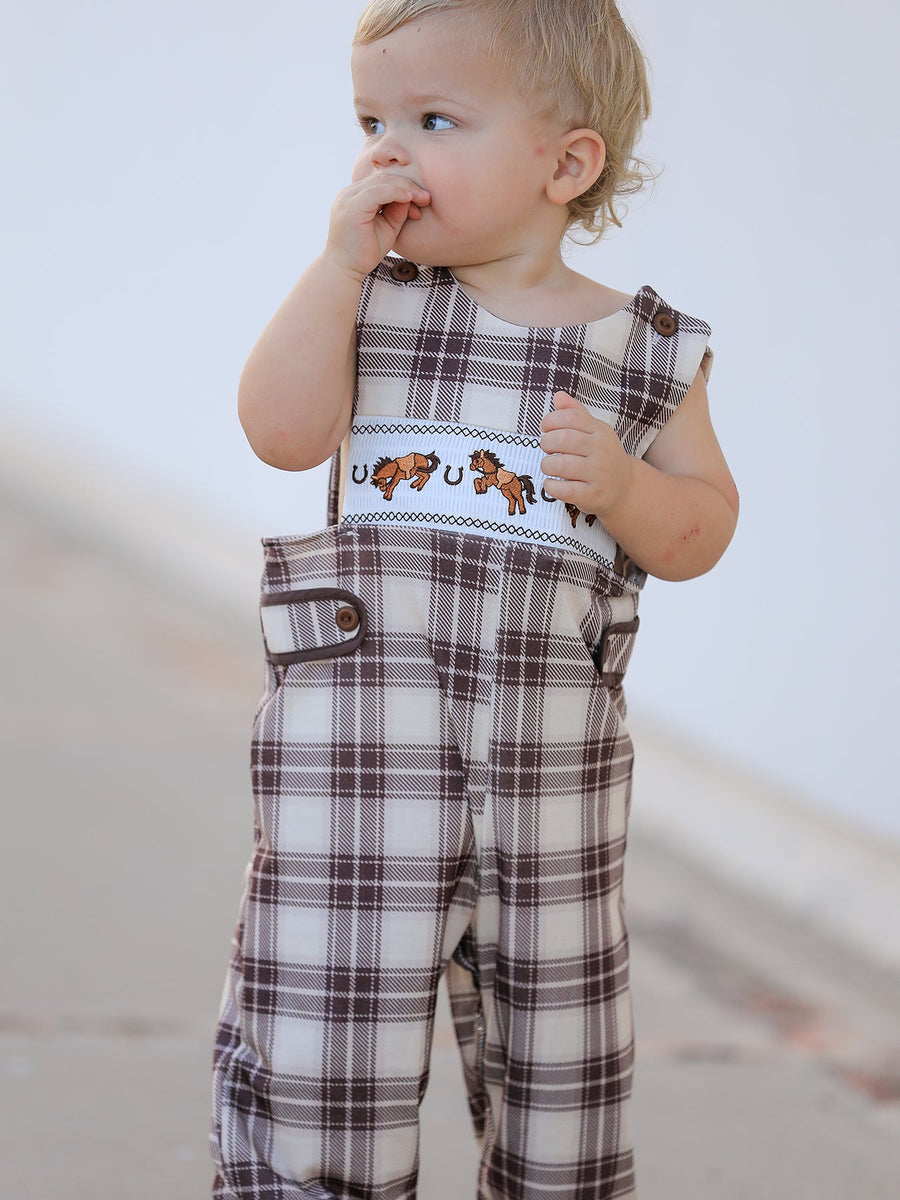 Western Horse Embroidered Smocked Plaid Baby Boy Romper