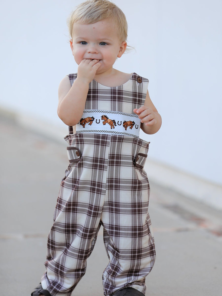 Western Horse Embroidered Smocked Plaid Baby Boy Romper