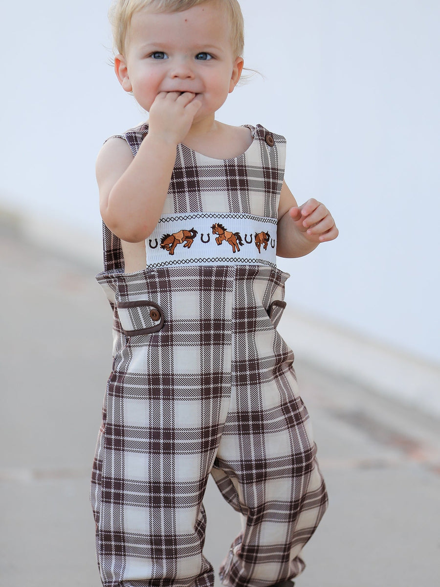Western Horse Embroidered Smocked Plaid Baby Boy Romper