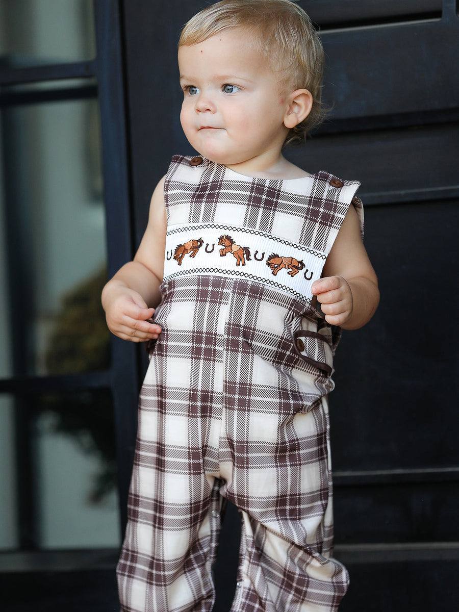 Western Horse Embroidered Smocked Plaid Baby Boy Romper