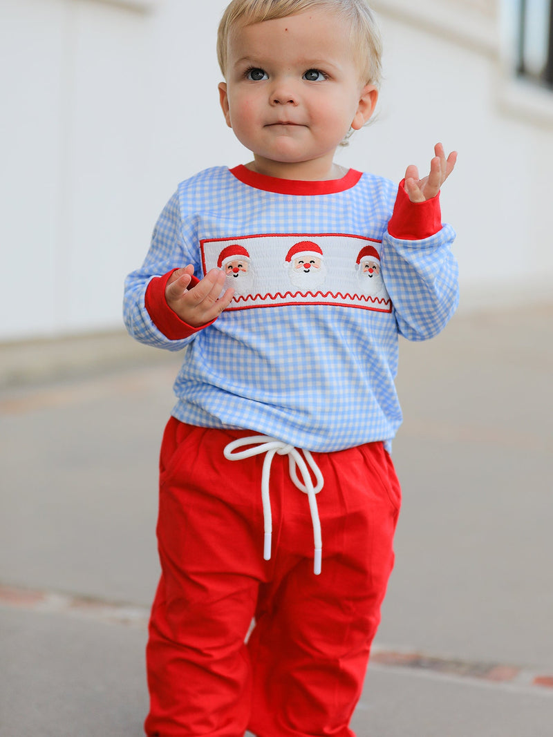 Christmas Santa Smocked Embroidered Boys Pant Set - 5