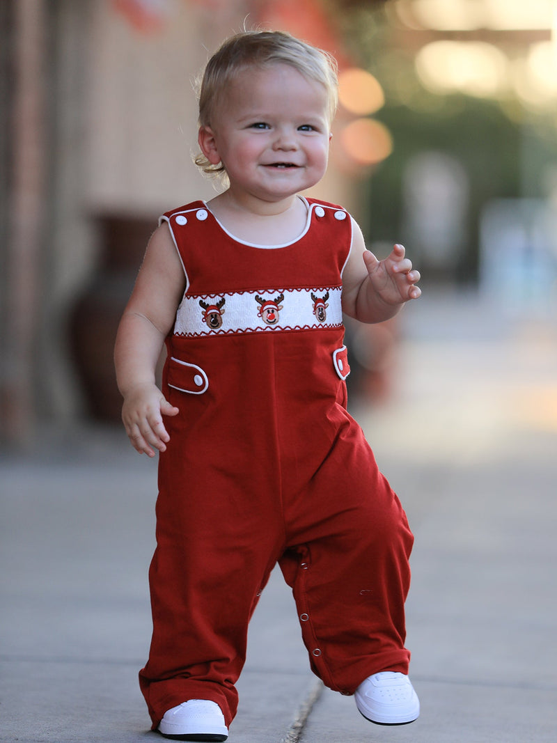 Baby Boys Christmas Reindeer Smocked Red Jonjon - 2