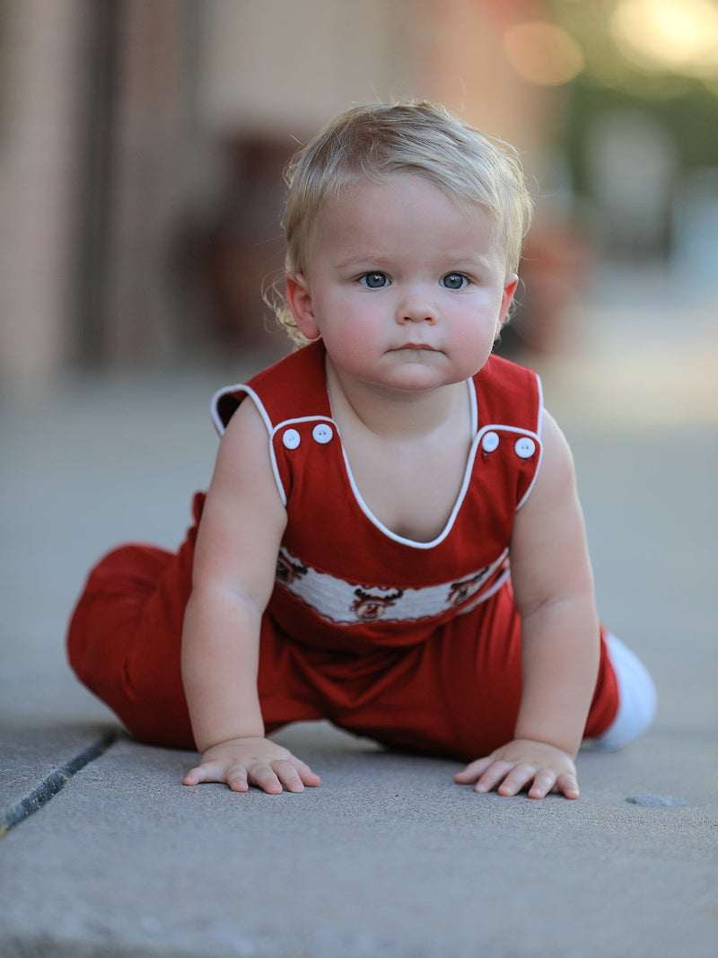 Baby Boys Christmas Reindeer Smocked Red Jonjon - 4