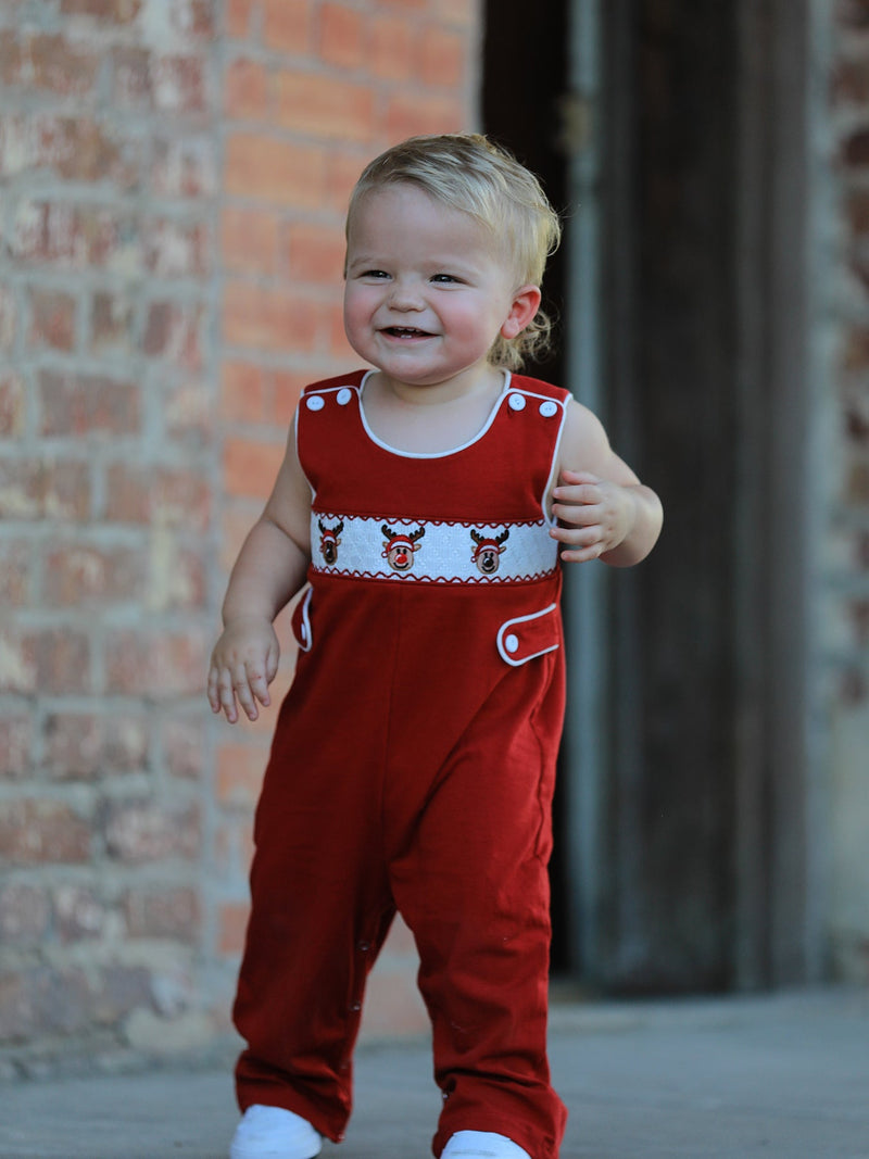 Baby Boys Christmas Reindeer Smocked Red Jonjon - 5