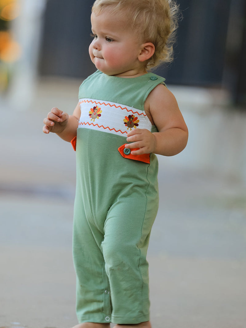 Fall Thanksgiving Chicken Smock Embroidered Green Boys Romper - 1