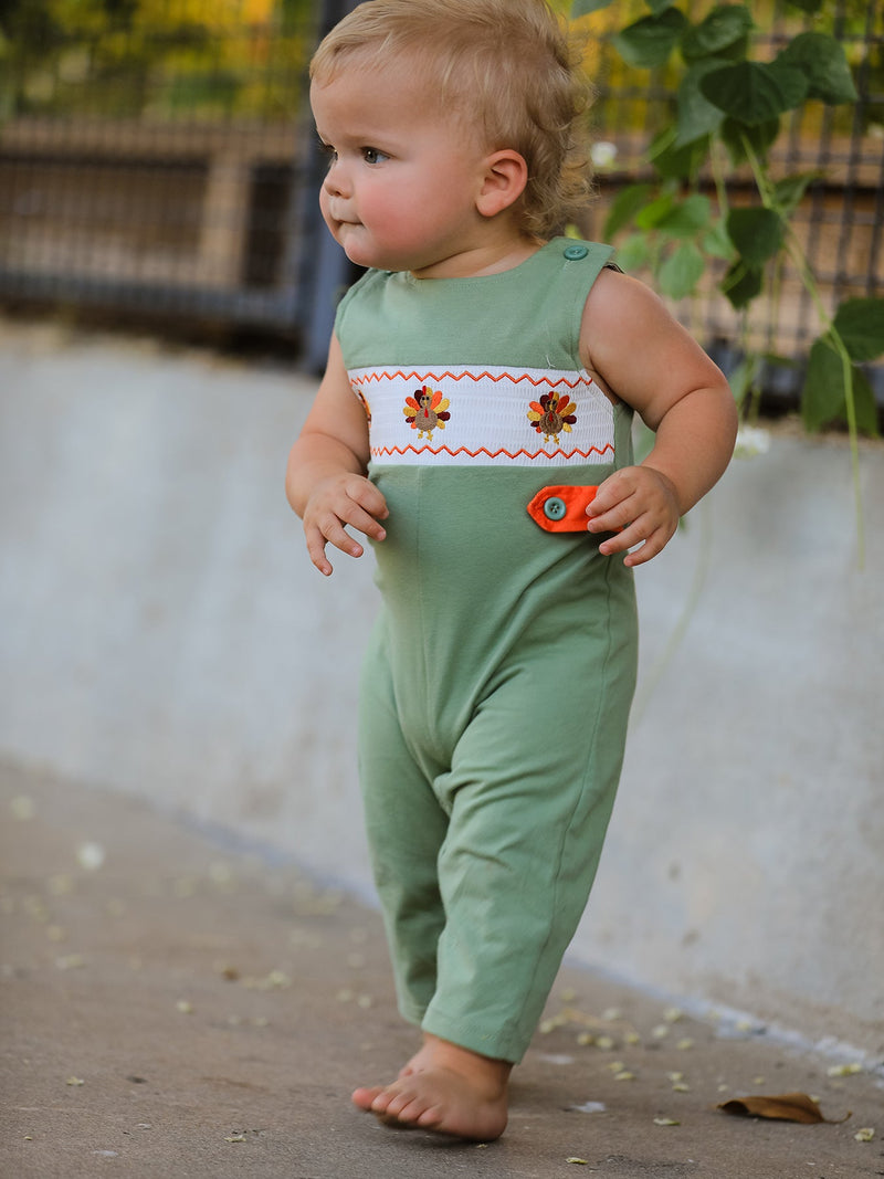 Fall Thanksgiving Chicken Smock Embroidered Green Boys Romper - 2