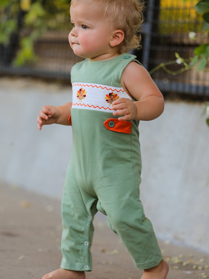 Fall Thanksgiving Chicken Smock Embroidered Green Boys Romper - 3