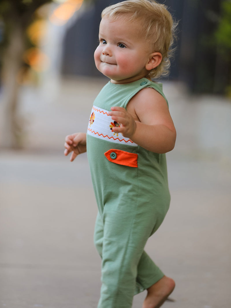 Fall Thanksgiving Chicken Smock Embroidered Green Boys Romper - 4