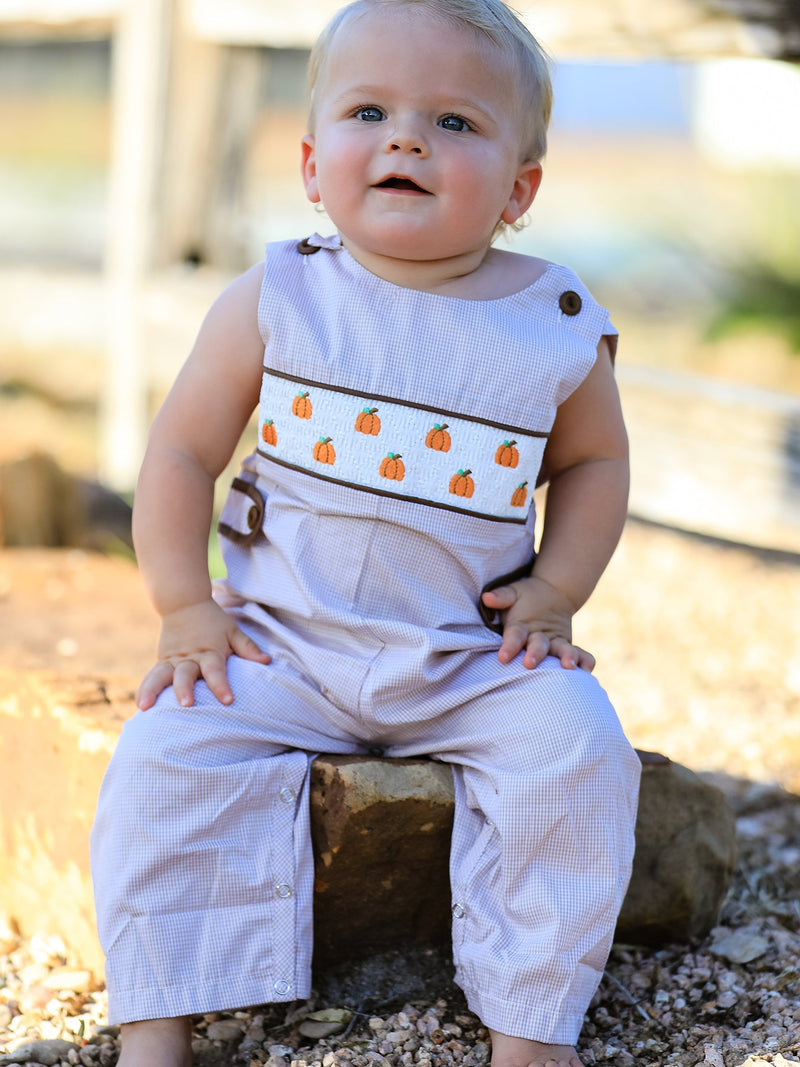 Fall Halloween & Thanksgiving  Pumpkin Smock Embroidered Boys Romper - 1