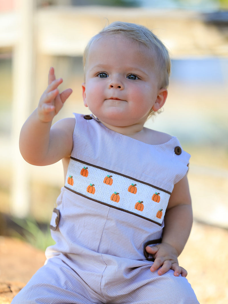 Fall Halloween & Thanksgiving  Pumpkin Smock Embroidered Boys Romper - 4