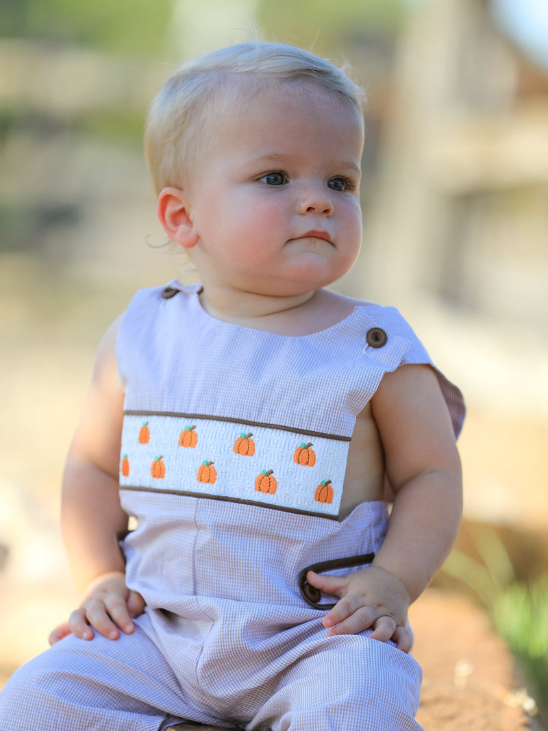 Fall Halloween & Thanksgiving  Pumpkin Smock Embroidered Boys Romper - 3