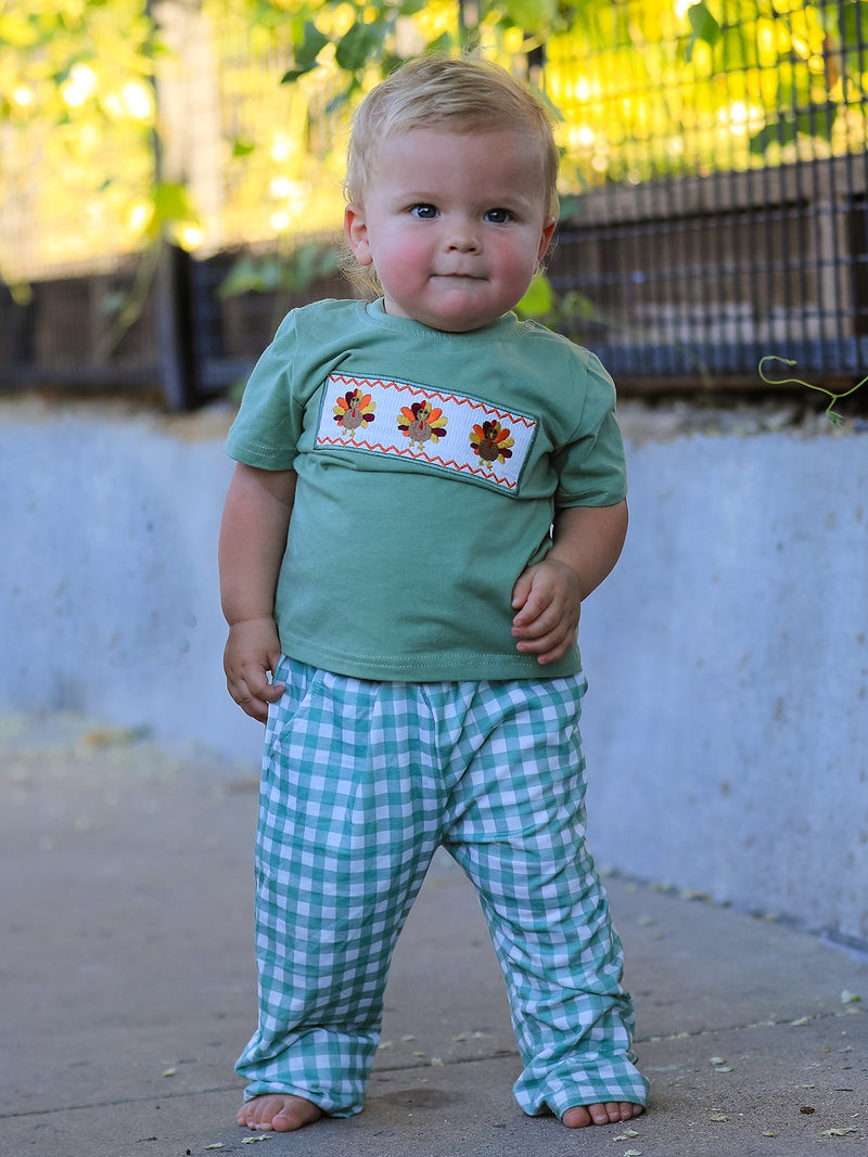 Fall Thanksgiving Chicken Smock Embroidered Green Plaid Boys 'Set - 5