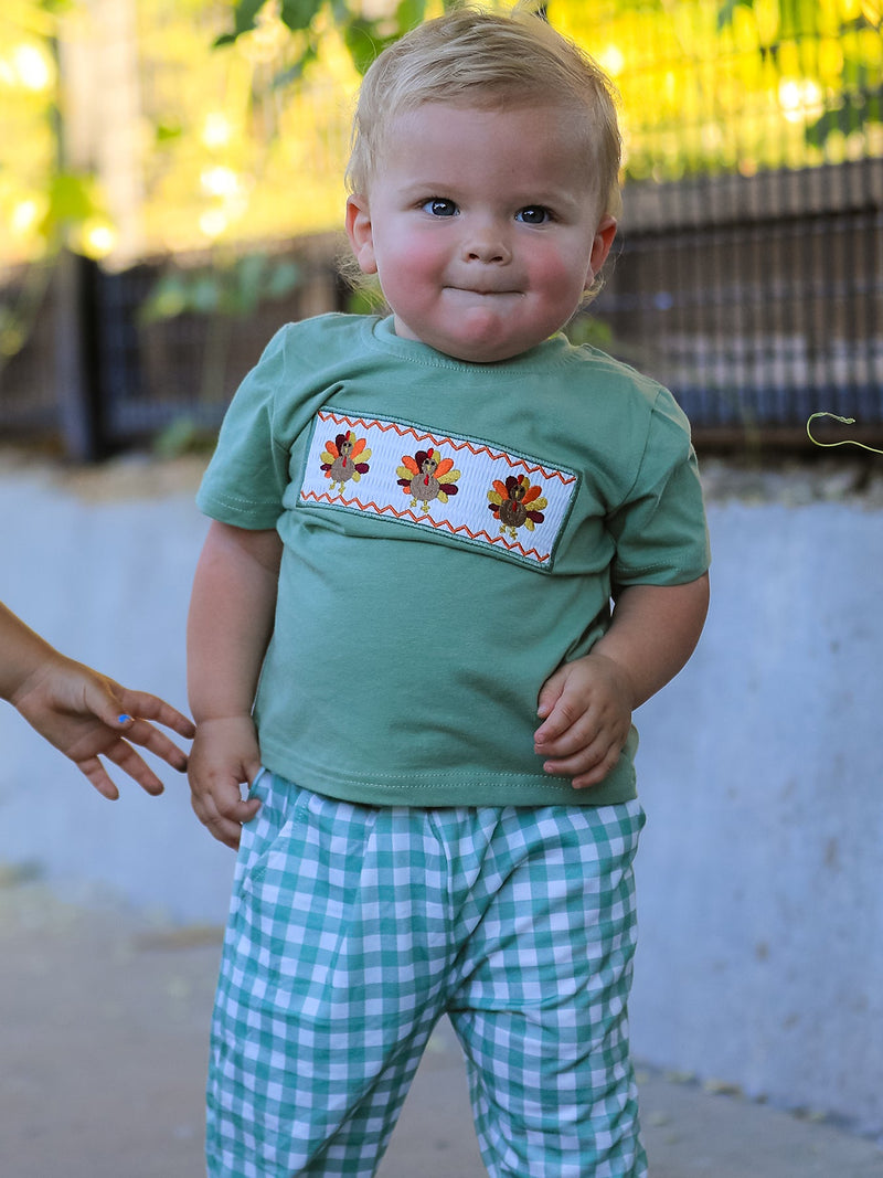 Fall Thanksgiving Chicken Smock Embroidered Green Plaid Boys 'Set - 1