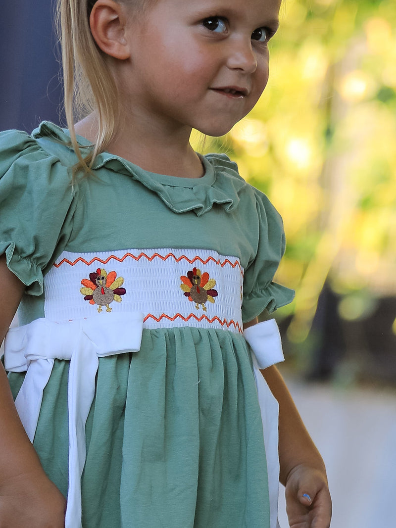 Fall Thanksgiving Chicken Smock Embroidered Green Plaid Boys 'Set - 6