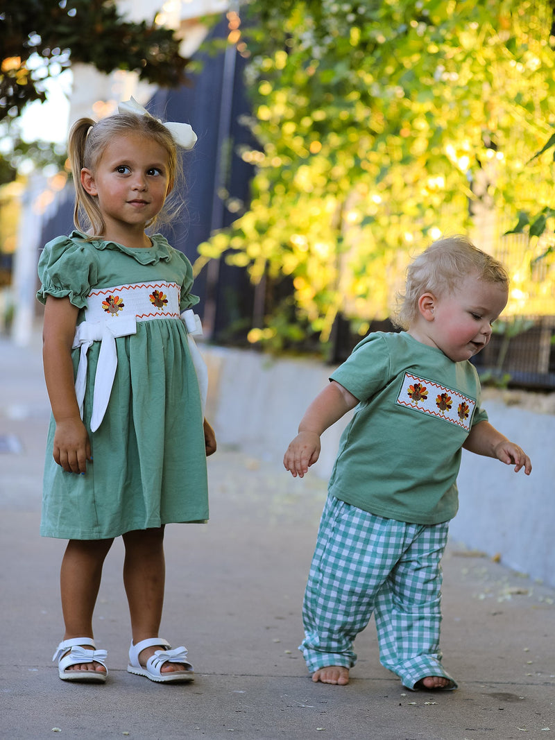 Fall Thanksgiving Chicken Smock Embroidered Green  Baby Girl Dress - 3