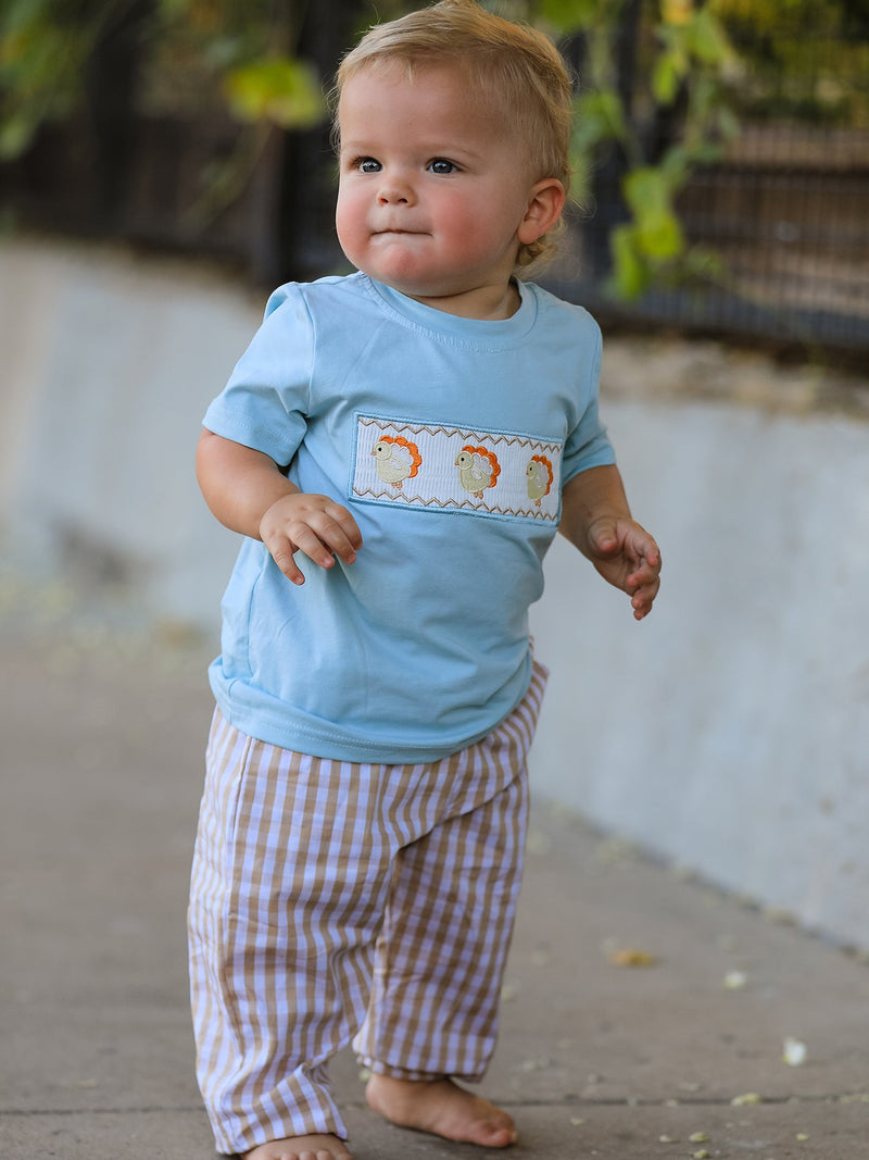 Fall Thanksgiving Plaid Chick Embroidery Smocking Boys Set - 3