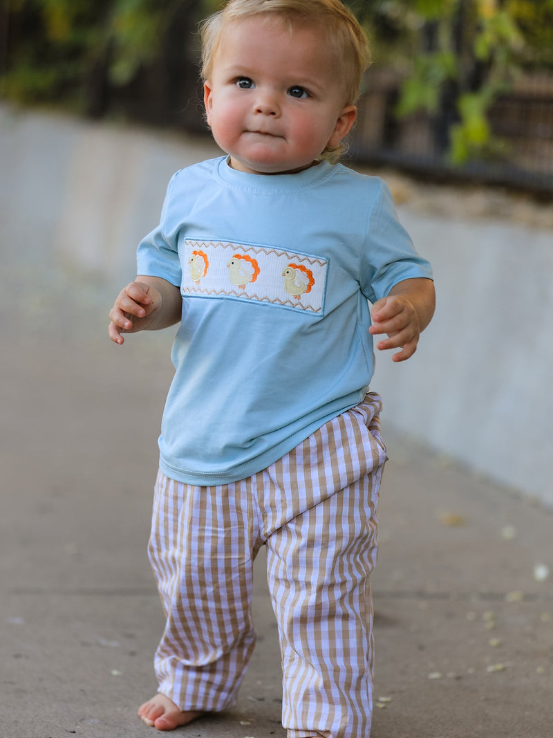 Fall Thanksgiving Plaid Chick Embroidery Smocking Boys Set - 1