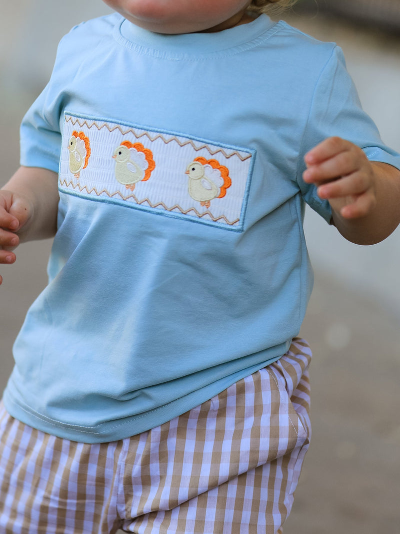 Fall Thanksgiving Plaid Chick Embroidery Smocking Boys Set - 2