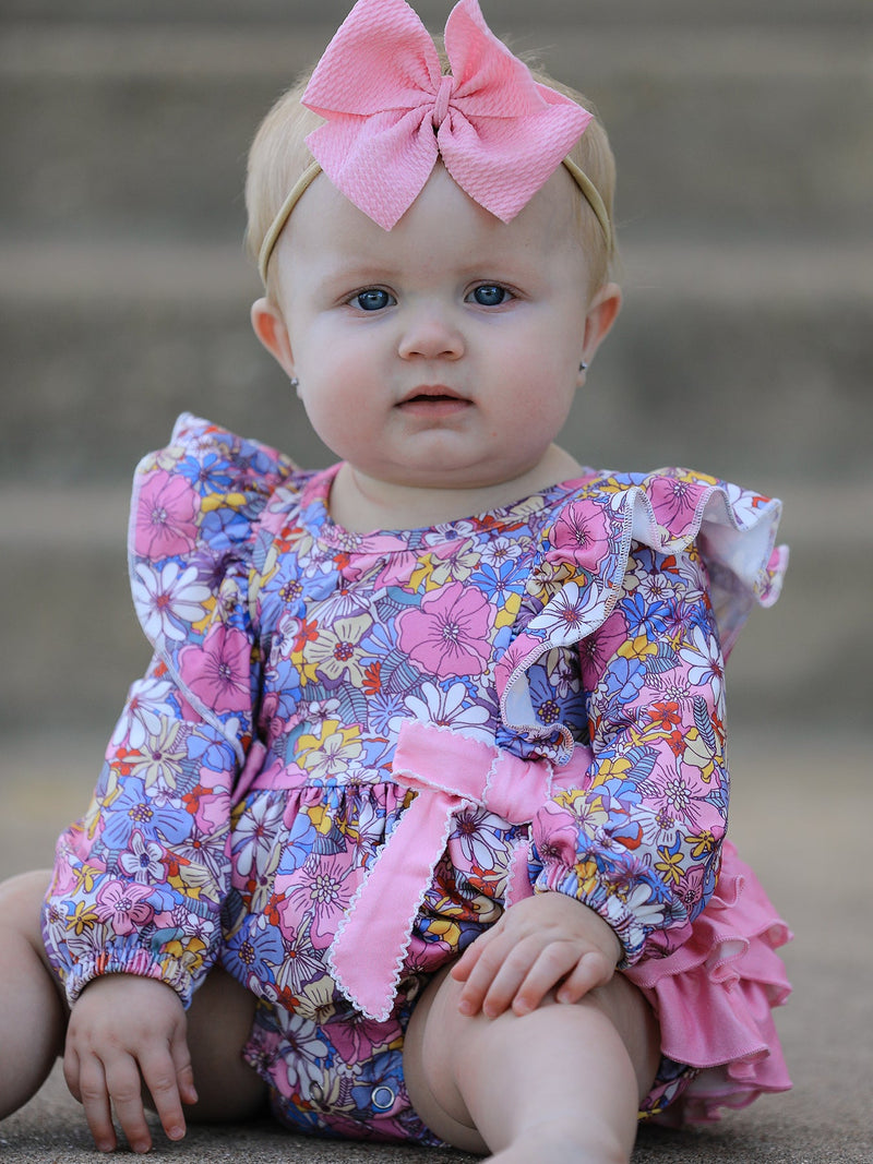 Fall Vintage Floral Print Girls Long Sleeve Romper - 2