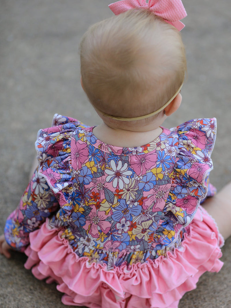 Fall Vintage Floral Print Girls Long Sleeve Romper - 5