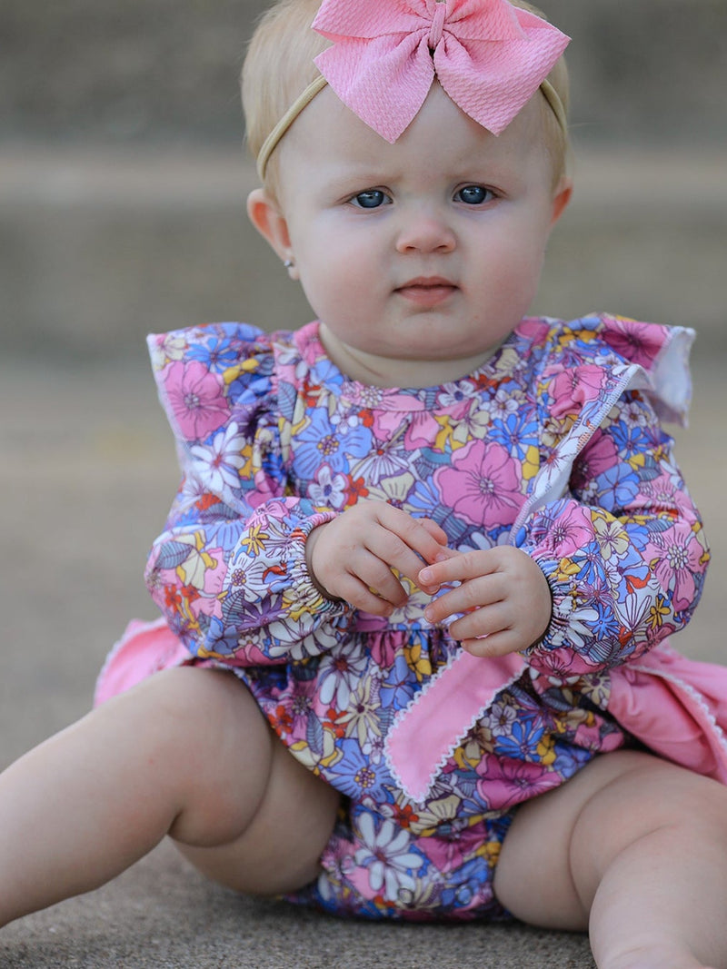 Fall Vintage Floral Print Girls Long Sleeve Romper - 1