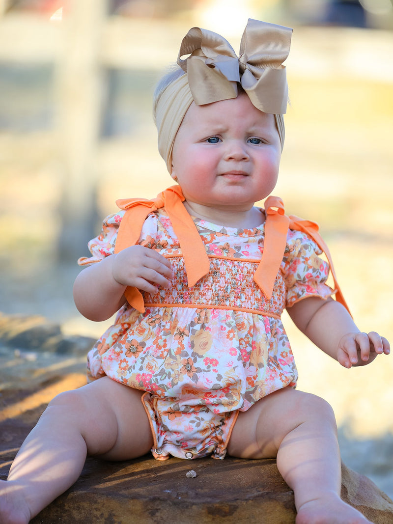 Peach Bow Smocked Floral Baby Bubble - 2