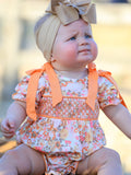 Peach Bow Smocked Floral Baby Bubble - 1