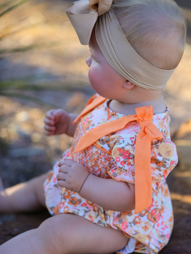 Peach Bow Smocked Floral Baby Bubble - 3