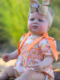 Peach Bow Smocked Floral Baby Bubble - 4