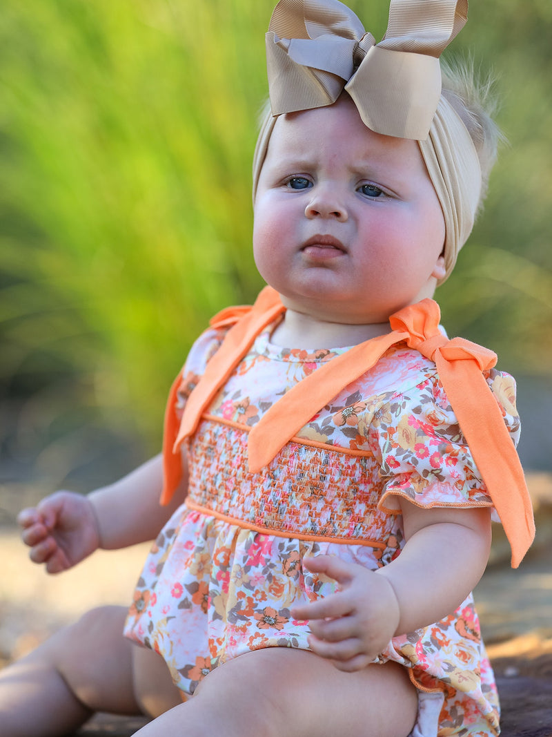Peach Bow Smocked Floral Baby Bubble - 4