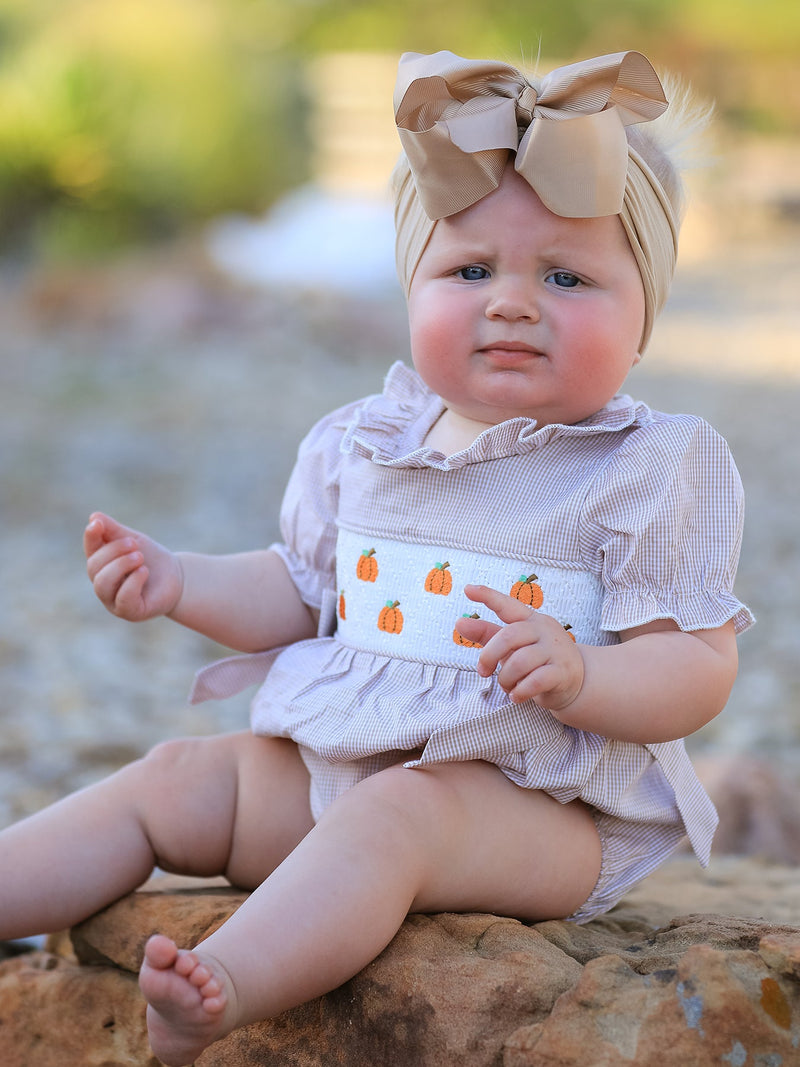 Fall Halloween & Thanksgiving Pumpkin Embroidery Smock Plaid Baby Girl Romper - 2