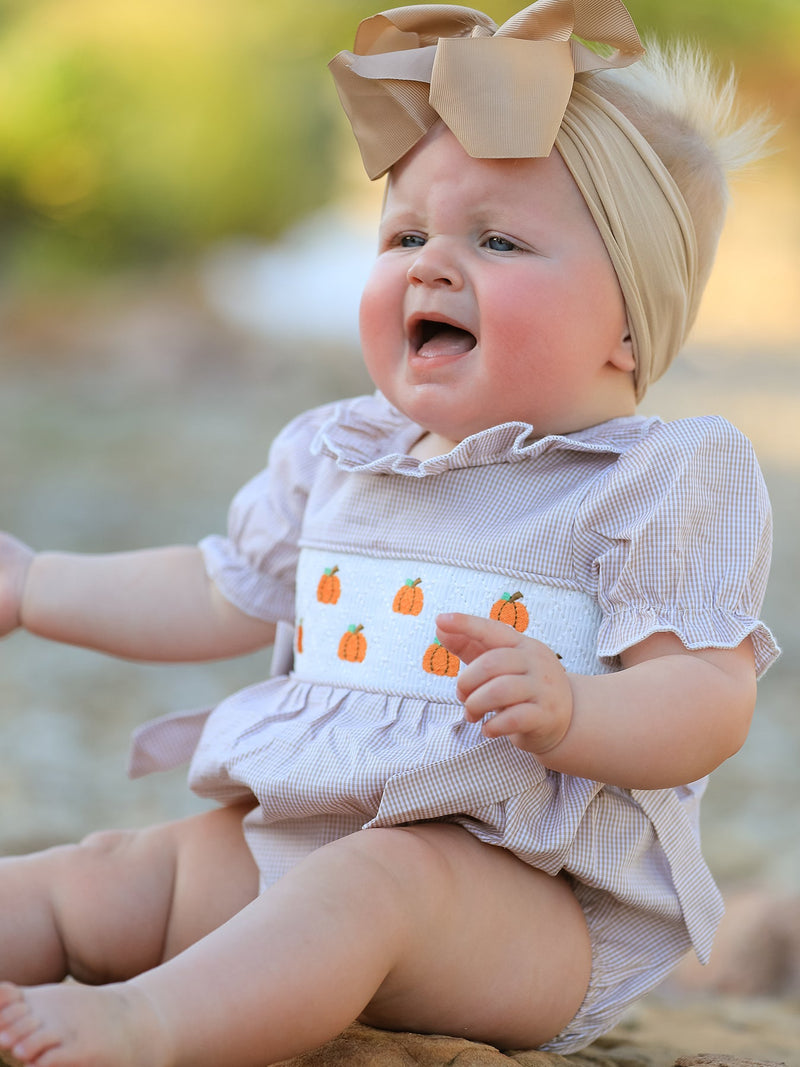 Fall Halloween & Thanksgiving Pumpkin Embroidery Smock Plaid Baby Girl Romper - 3