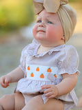 Fall Halloween & Thanksgiving Pumpkin Embroidery Smock Plaid Baby Girl Romper - 1