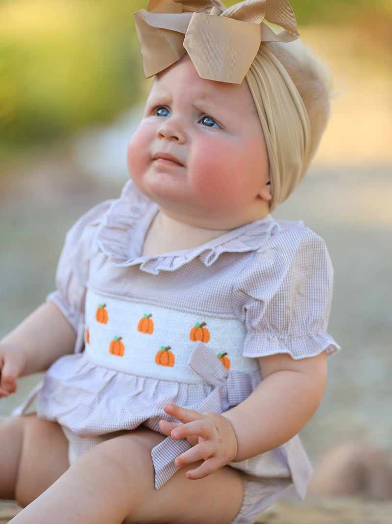 Fall Halloween & Thanksgiving Pumpkin Embroidery Smock Plaid Baby Girl Romper - 4