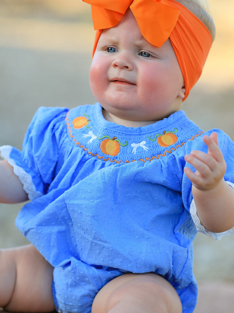 Halloween Thanksgiving Pumpkin Smocked Bubble Romper - 2