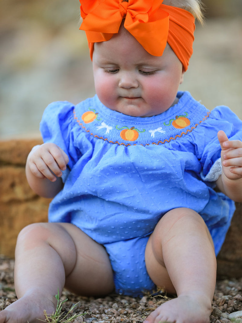 Halloween Thanksgiving Pumpkin Smocked Bubble Romper - 3
